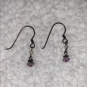 Amethyst/Pearl Bead Black Dangle Wire Earrings